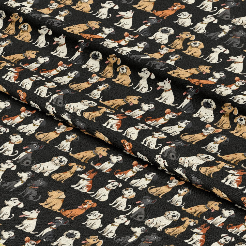 - Cartoon Mixed Dogs Pattern 1 Quilting Cotton Fabric  
- Quilting, cotton, fabric  
- Black background, mixed dog breeds  
- Beige, white, brown, orange, gray hues  
- Playful, cute, whimsical, pet-themed  
- Repeating dog illustrations, colorful, fun  
- Soft textile, sewing material, craft fabric