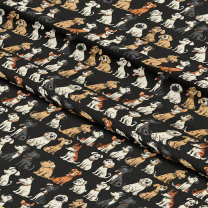 - Cartoon Mixed Dogs Pattern 1 Quilting Cotton Fabric  
- Quilting, cotton, fabric  
- Black background, mixed dog breeds  
- Beige, white, brown, orange, gray hues  
- Playful, cute, whimsical, pet-themed  
- Repeating dog illustrations, colorful, fun  
- Soft textile, sewing material, craft fabric