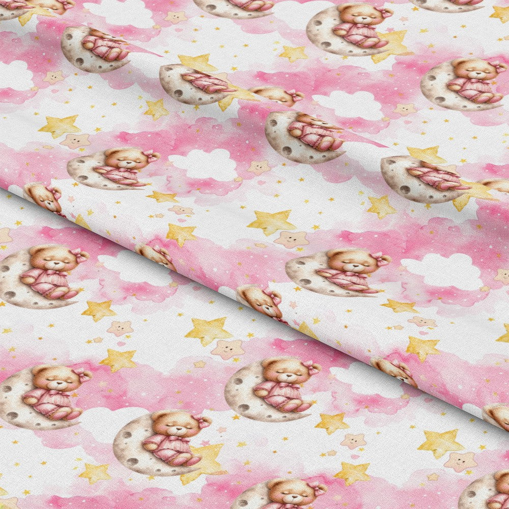 - Pink Baby Teddy Bears Pattern 5 Quilting Cotton Fabric  
- Soft cotton fabric  
- Pastel pink and white background  
- Cute teddy bears sitting on moons  
- Yellow stars and clouds  
- Child-friendly design  
- Quilting material  
- Nursery theme  
- Baby shower fabric  
- Cozy and gentle texture
