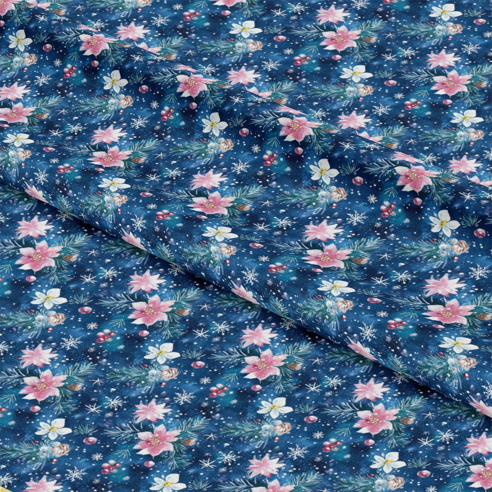 - Watercolor Blue Christmas Pattern 8 Quilting Cotton Fabric  
- Blue, pink, white, green colors  
- Floral, poinsettia, holly, berries, snowflakes  
- Christmas, holiday, festive, winter  
- Quilting, cotton, fabric, yardage, textile