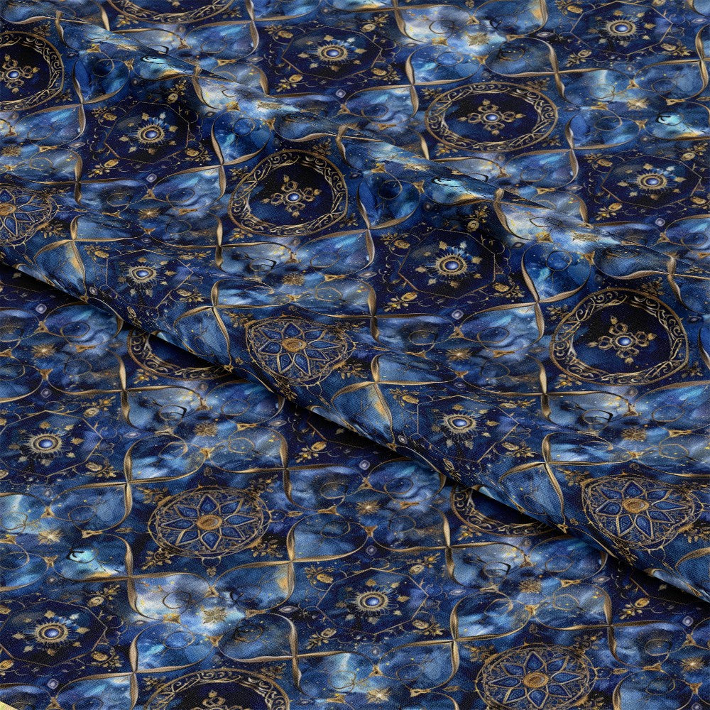 - Baroque Celestial Pattern 4 Quilting Cotton Fabric  
- Blue, navy, gold, cream colors  
- Ornate, vintage, celestial, star, floral motifs  
- Elegant, decorative, classic, timeless  
- Cotton fabric, quilting material, yardage  
- Luxurious, detailed, intricate, artistic design