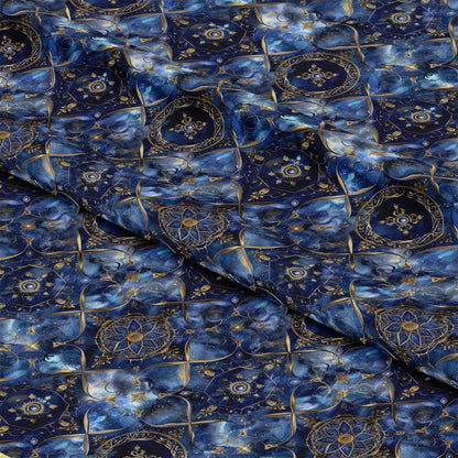 - Baroque Celestial Pattern 4 Quilting Cotton Fabric  
- Blue, navy, gold, cream colors  
- Ornate, vintage, celestial, star, floral motifs  
- Elegant, decorative, classic, timeless  
- Cotton fabric, quilting material, yardage  
- Luxurious, detailed, intricate, artistic design