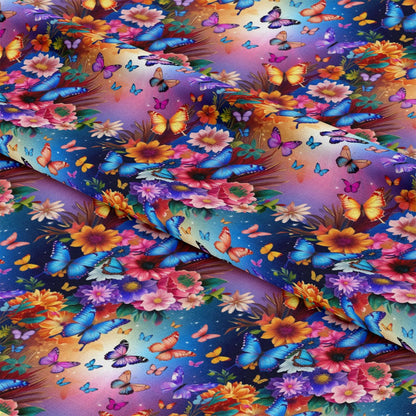 - Fantasy Butterflies Pattern 18 Quilting Cotton Fabric - colorful butterflies - vibrant blue, orange, purple, pink - floral designs - sunflowers, daisies - quilting fabric - cotton material - garden theme - multicolor - decorative textile - sewing craft material - nature-inspired print - soft texture - artistic fabric