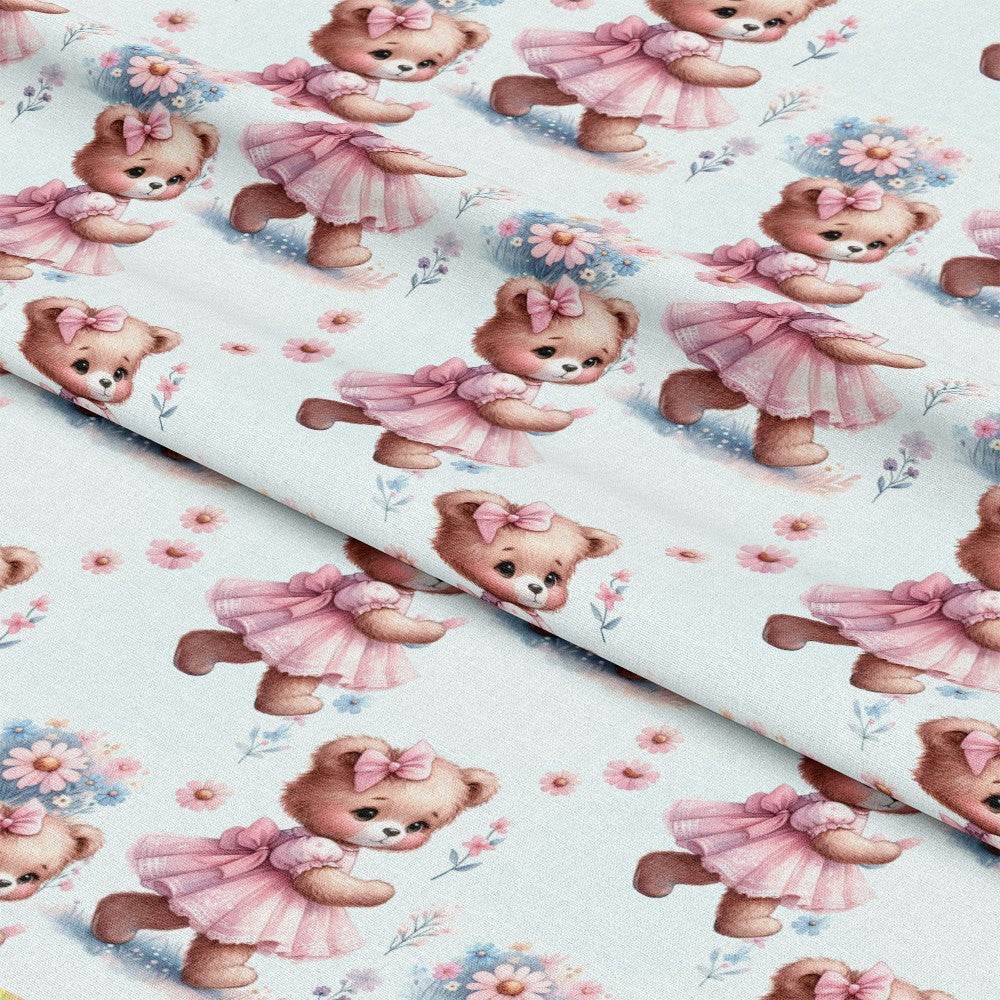 - Pink Night Time Teddy Bears Pattern 3 Quilting Cotton Fabric
- Cute bears, teddy bears, night time theme
- Soft pink, pastel colors, baby pink, light blue background
- Floral accents, small flowers, delicate blossoms
- Cotton texture, quilting material, sewing fabric, craft fabric
- Cozy, warm, child-friendly, playful design, gentle pattern