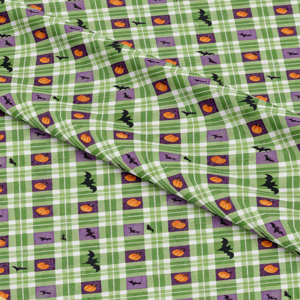 - Halloween Gingham and Stripes Pattern 5 Quilting Cotton Fabric  
- green, purple, white, orange, black  
- plaid, checkered, striped, grid  
- pumpkins, bats, spooky, autumn  
- cotton, quilting, sewing, craft