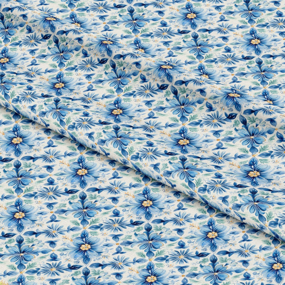 Blue Handpainted Tiles Pattern 1 Quilting Cotton Fabric