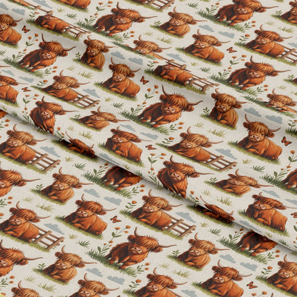Cartoon Highland Cows Pattern 14 Quilting Cotton Fabric