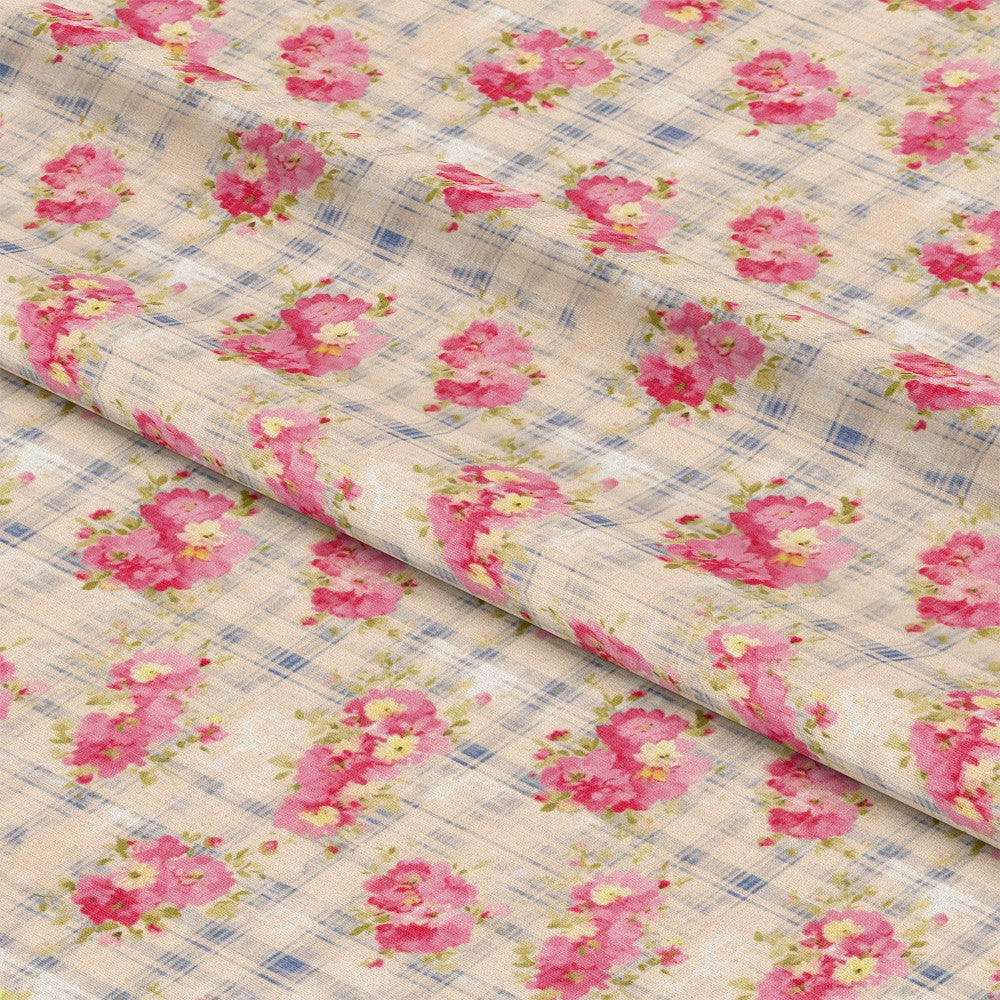 - Country Girl Plaid Pattern 4 Quilting Cotton Fabric  
- floral design  
- pink flowers  
- green leaves  
- beige background  
- blue plaid accents  
- cotton textile  
- quilting material  
- fabric yardage  
- soft texture  
- vintage style