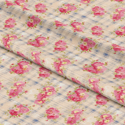 - Country Girl Plaid Pattern 4 Quilting Cotton Fabric  
- floral design  
- pink flowers  
- green leaves  
- beige background  
- blue plaid accents  
- cotton textile  
- quilting material  
- fabric yardage  
- soft texture  
- vintage style