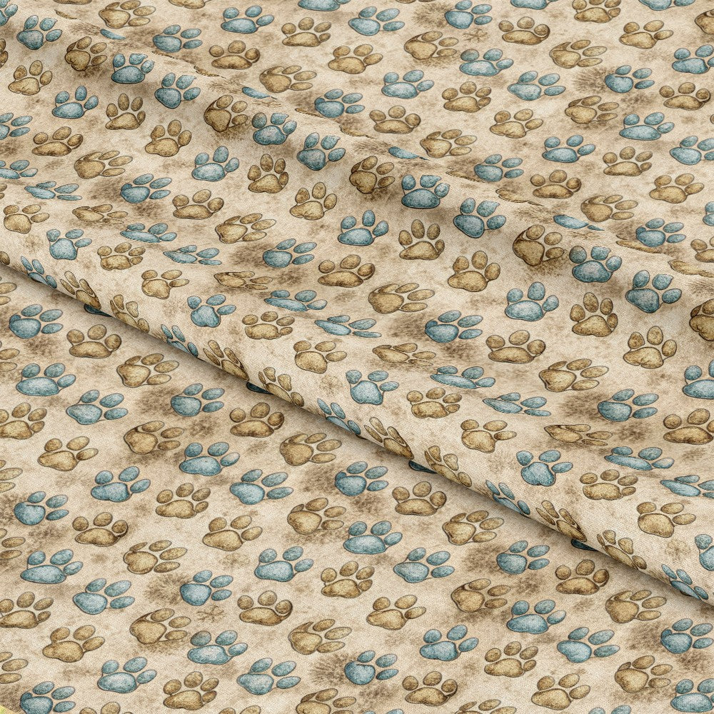 - Dog Paws Pattern 17 Quilting Cotton Fabric - beige background - brown paw prints - blue paw prints - quilting fabric - cotton textile - yardage fabric - animal paw motif - soft texture - craft material - sewing fabric - decorative paw design - neutral tones - pet themed fabric