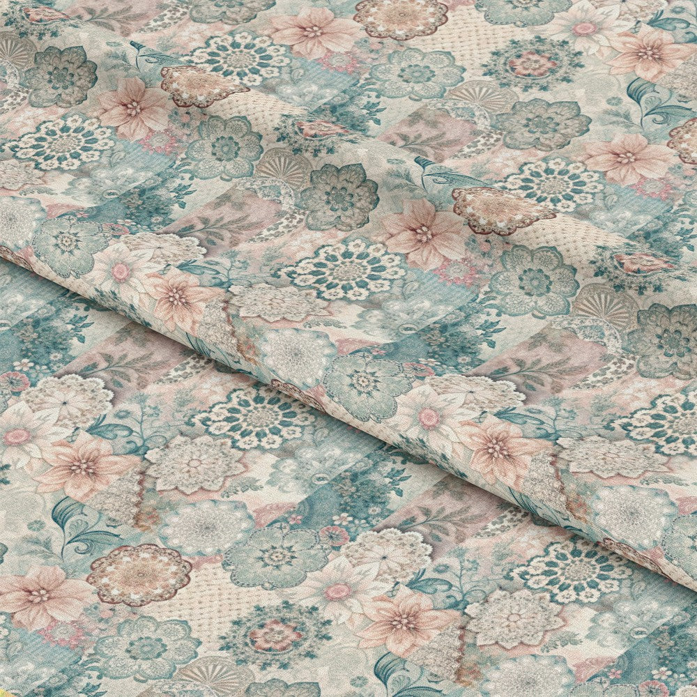 - Spring Patchwork Pattern 25 Quilting Cotton Fabric  
- Floral  
- Patchwork  
- Quilt fabric  
- Cotton textile  
- Soft pastel colors  
- Blue  
- Pink  
- Beige  
- Cream  
- Vintage style  
- Decorative  
- Craft material  
- Sewing  
- Home decor