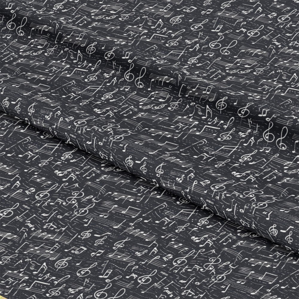 - Handwritten Music Pattern 4 Quilting Cotton Fabric  
- Black background  
- White musical notes  
- Treble clef symbols  
- Sheet music design  
- Cotton textile  
- Quilting material  
- Artistic music theme  
- Soft fabric texture  
- Decorative music motif