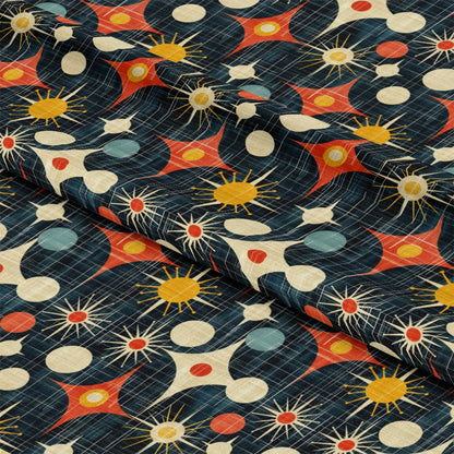 Retro Starburst Pattern 5 Quilting Cotton Fabric, vintage, mid-century modern, starburst shapes, geometric, abstract, navy blue background, orange, yellow, cream, teal, red accents, textured, quilting, cotton material