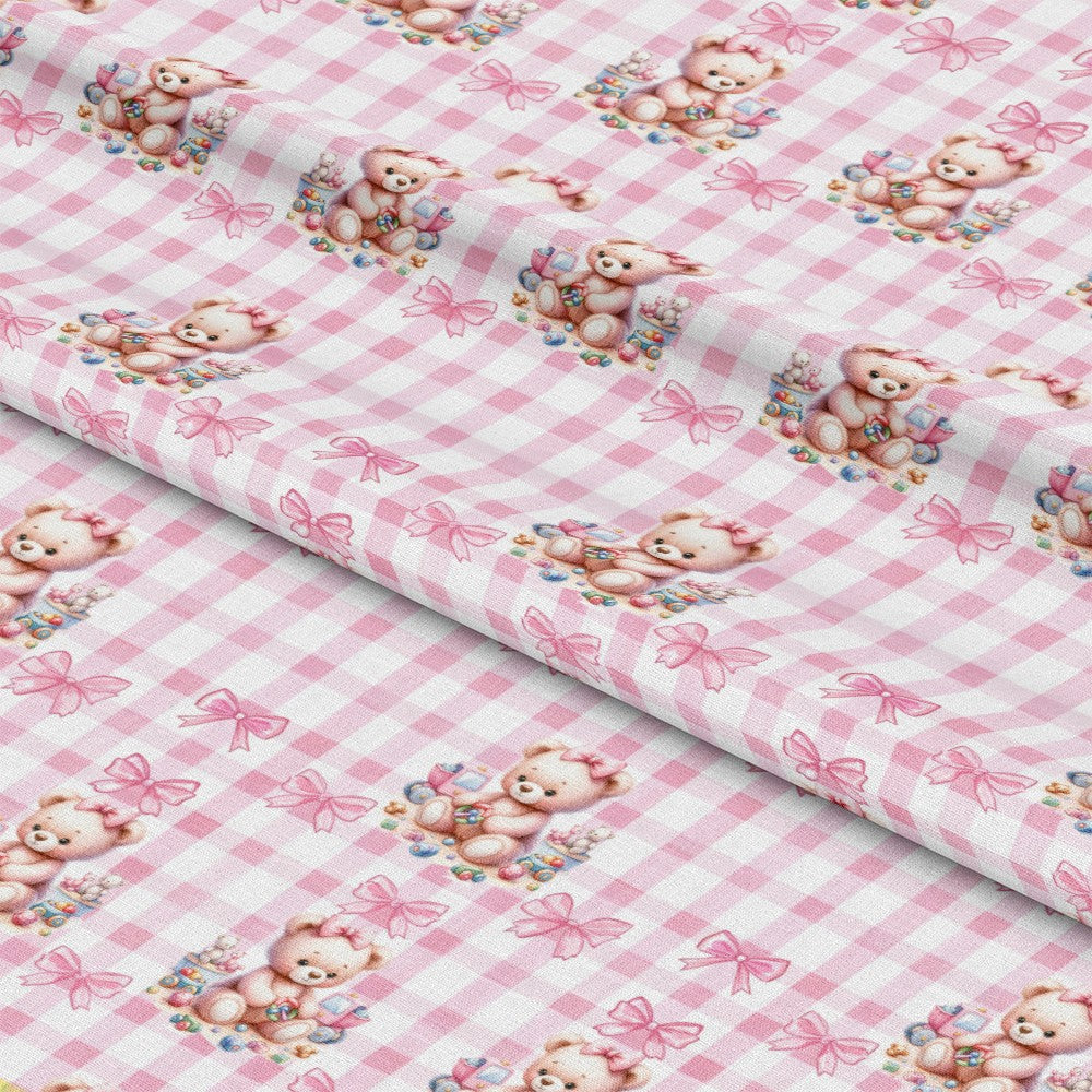- Pink Baby Teddy Bears Pattern 4 Quilting Cotton Fabric  
- Pink gingham  
- Teddy bears  
- Baby motifs  
- Quilting material  
- Soft cotton fabric  
- Pastel colors  
- Cute baby design  
- Sewing textile  
- Nursery print