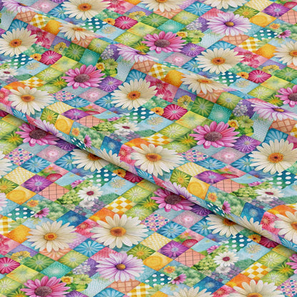 - Spring Patchwork Pattern 31 Quilting Cotton Fabric  
- floral quilt  
- daisies  
- colorful  
- multicolor  
- pastel  
- pink  
- purple  
- yellow  
- green  
- blue  
- checkered  
- patchwork  
- cotton textile  
- textured  
- bright  
- sewing material