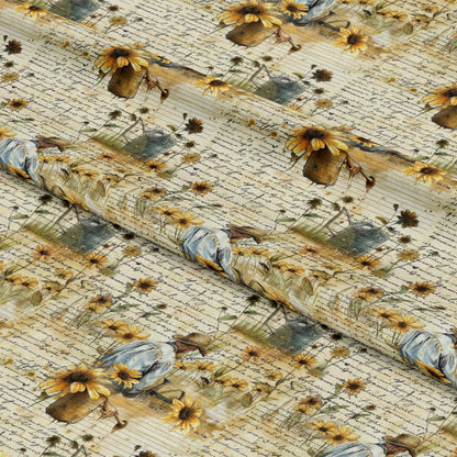- Farm Life Pattern 38 Quilting Cotton Fabric  
- vintage script background  
- rustic jars with sunflowers  
- country farmhouse style  
- beige, yellow, green, brown tones  
- floral, botanical, country motifs  
- cotton textile, quilting material  
- nature-inspired, charming, classic design
