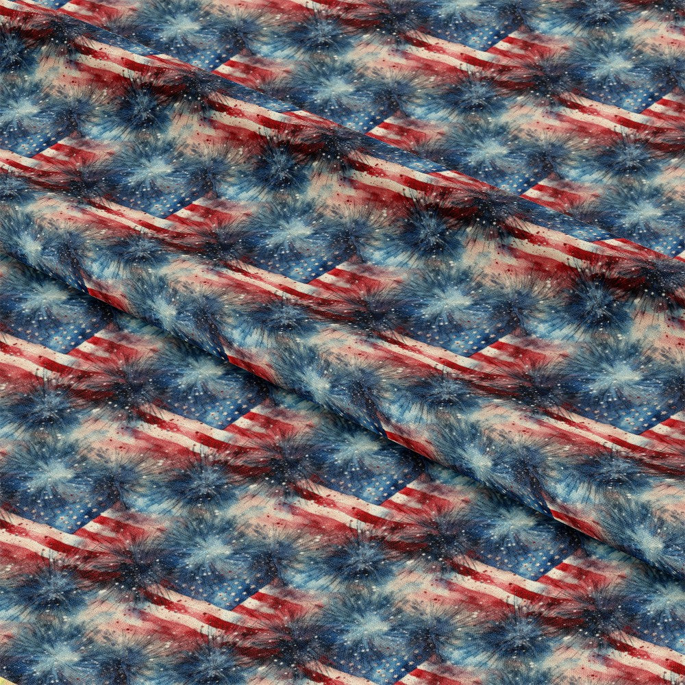 - Patriotic Grunge Pattern 9 Quilting Cotton Fabric  
- Red, white, blue  
- American flag motif  
- Distressed, vintage style  
- Fireworks, stars  
- Cotton fabric, quilting material  
- Textured, rugged appearance  
- Yardage fabric, patriotic design
