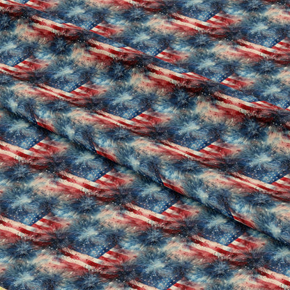 - Patriotic Grunge Pattern 9 Quilting Cotton Fabric  
- Red, white, blue  
- American flag motif  
- Distressed, vintage style  
- Fireworks, stars  
- Cotton fabric, quilting material  
- Textured, rugged appearance  
- Yardage fabric, patriotic design