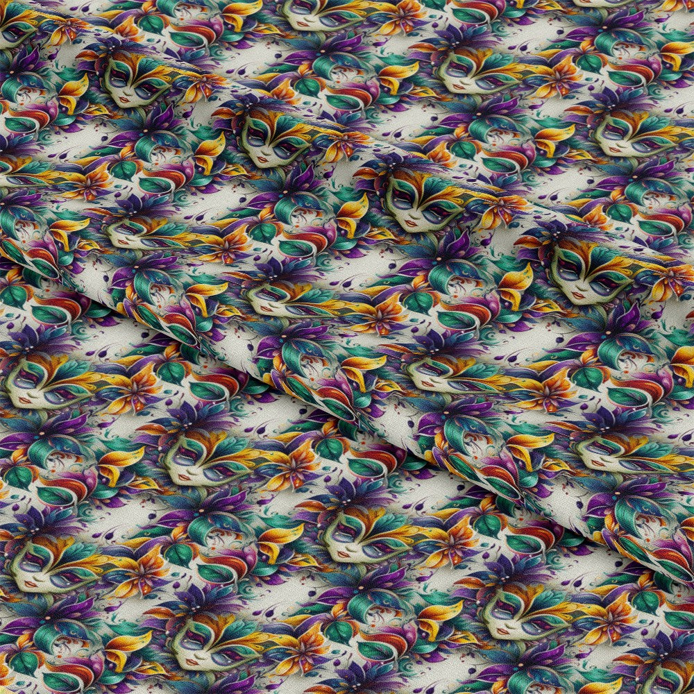 - French Quarter Mardi Gras Pattern 1 Quilting Cotton Fabric  
- colorful  
- Mardi Gras mask  
- purple  
- green  
- yellow  
- festive  
- decorative  
- cotton  
- quilting  
- fabric