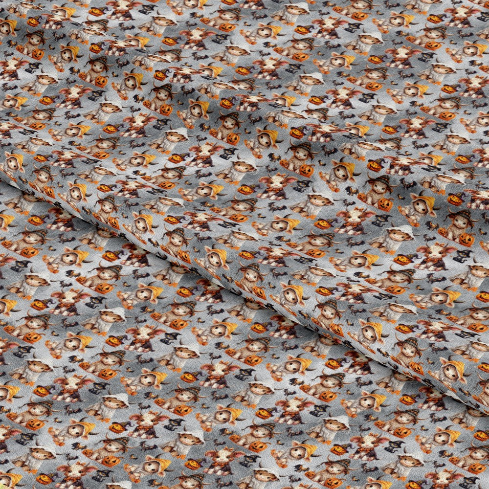 - Halloween Cartoon Highland Cows Pattern 1 Quilting Cotton Fabric  
- orange, black, gray, white, brown  
- cows, pumpkins, autumn leaves, scarecrows, Halloween  
- whimsical, festive, cotton, quilting, yardage  
- seasonal, cute, decorative, soft, printed fabric