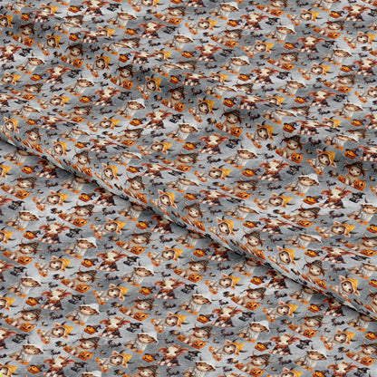 - Halloween Cartoon Highland Cows Pattern 1 Quilting Cotton Fabric  
- orange, black, gray, white, brown  
- cows, pumpkins, autumn leaves, scarecrows, Halloween  
- whimsical, festive, cotton, quilting, yardage  
- seasonal, cute, decorative, soft, printed fabric