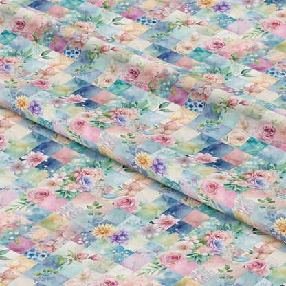 - Spring Patchwork Pattern 23 Quilting Cotton Fabric - pastel colors - floral design - checkerboard layout - roses - daisies - leaves - lavender - soft pink - blue hues - green accents - cotton textile - quilting material - patchwork style - garden-inspired - delicate blossoms - sewing fabric - craft fabric