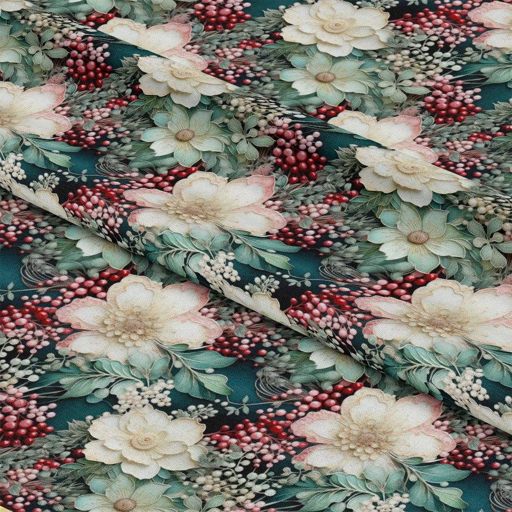 - Christmas Florals Pattern 10 Quilting Cotton Fabric  
- floral design  
- cream flowers  
- red berries  
- green leaves  
- dark green background  
- festive fabric  
- quilting cotton  
- holiday theme  
- decorative textile  
- soft fabric  
- Christmas decor