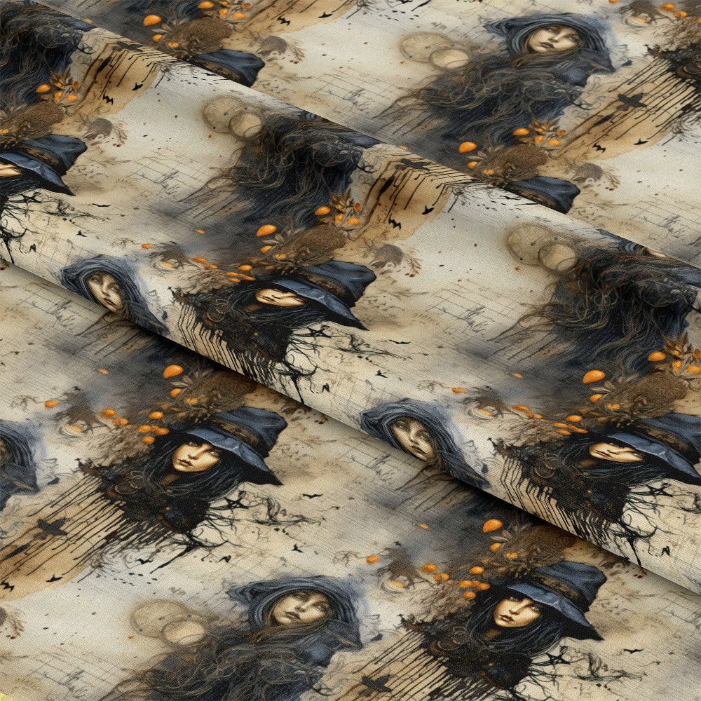 - Witchy Halloween Pattern 8 Quilting Cotton Fabric  
- spooky witches  
- dark gray and beige background  
- orange accents  
- mystical moon  
- cotton textile  
- quilting fabric  
- Halloween theme  
- vintage style  
- ghostly figures  
- autumn colors  
- eerie illustration