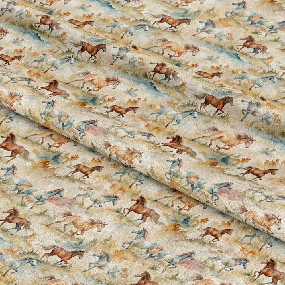 - Wild Horses Pattern 26 Quilting Cotton Fabric  
- Cotton fabric  
- Quilting material  
- Horses design  
- Brown, beige, cream, white, and light blue colors  
- Animal motif  
- Rustic style  
- Textile yardage  
- Natural tones  
- Fabric with wild horse illustrations