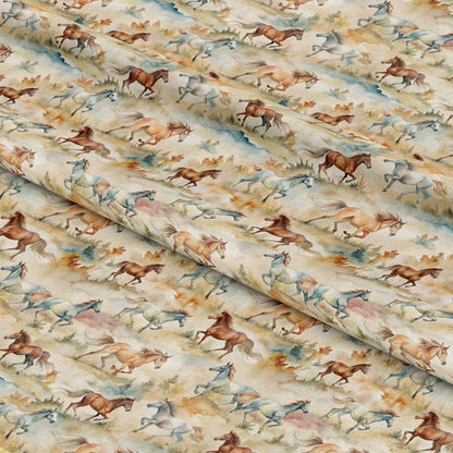 - Wild Horses Pattern 26 Quilting Cotton Fabric  
- Cotton fabric  
- Quilting material  
- Horses design  
- Brown, beige, cream, white, and light blue colors  
- Animal motif  
- Rustic style  
- Textile yardage  
- Natural tones  
- Fabric with wild horse illustrations