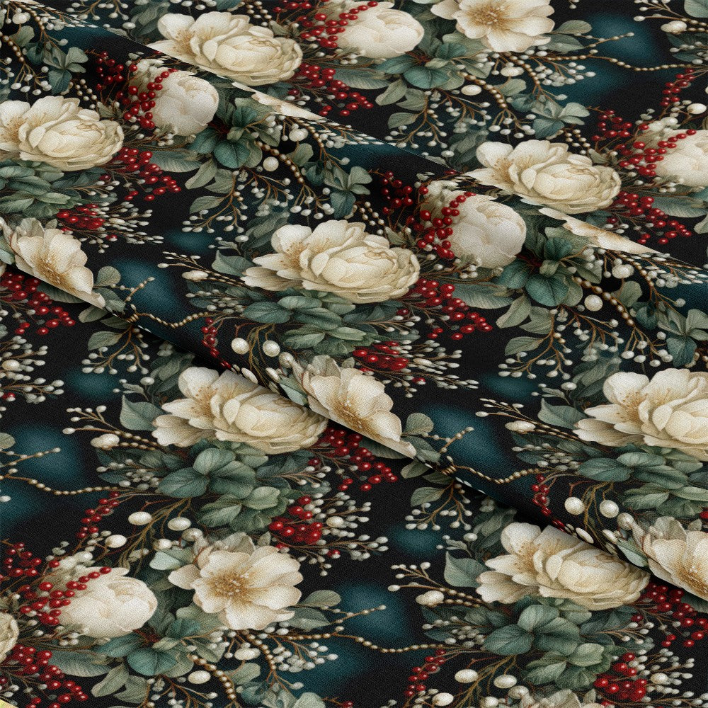 - Christmas Florals Pattern 4 Quilting Cotton Fabric  
- white flowers  
- green leaves  
- red berries  
- dark background  
- botanical print  
- holiday theme  
- quilting fabric  
- cotton textile  
- seasonal design  
- natural elements  
- festive flora