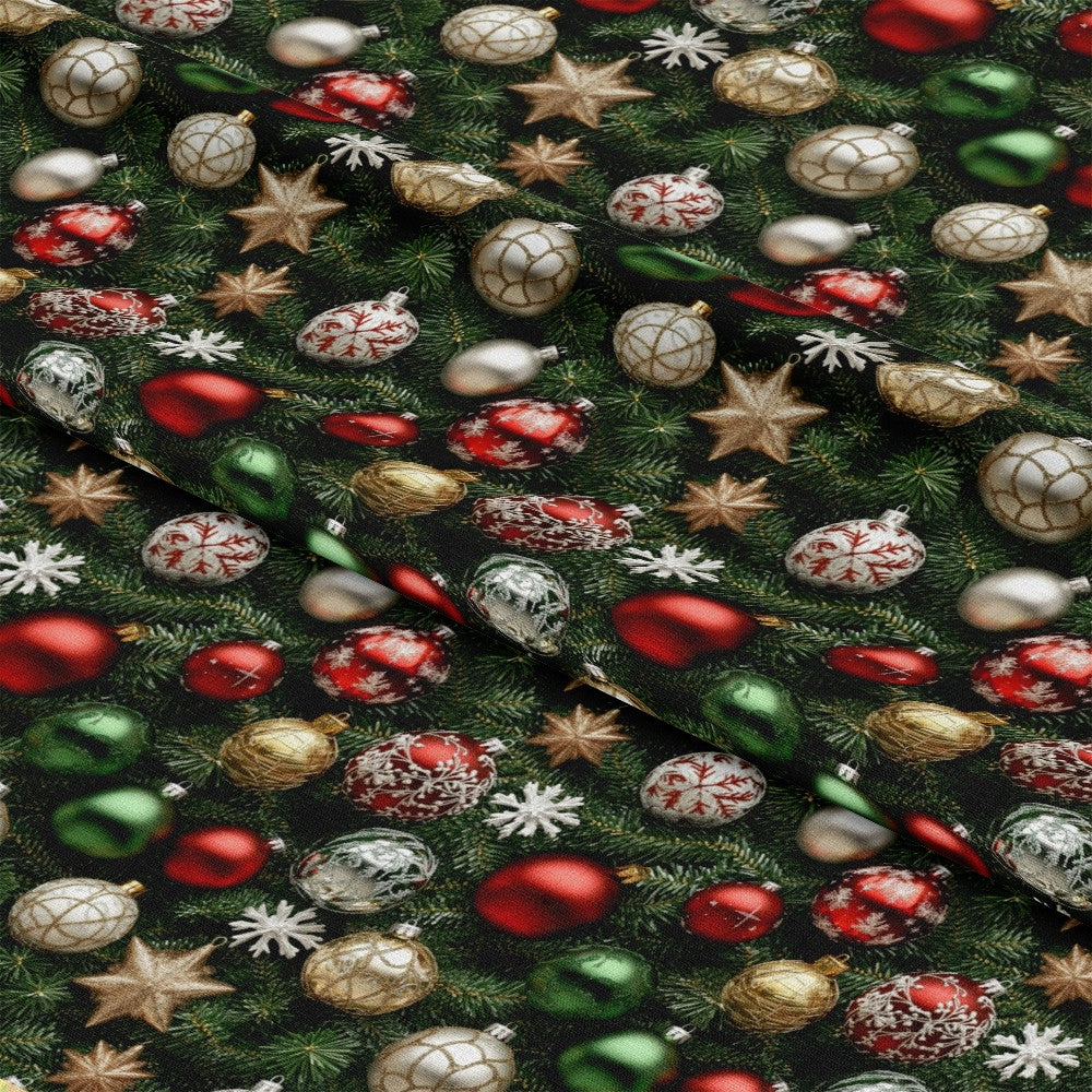 - Realistic Christmas Ornaments Pattern 9 Quilting Cotton Fabric  
- Christmas, holiday, festive  
- Ornaments, baubles, stars, snowflakes  
- Red, green, gold, white, silver  
- Cotton, quilting, fabric, textile  
- Seasonal, decorative, craft, sewing