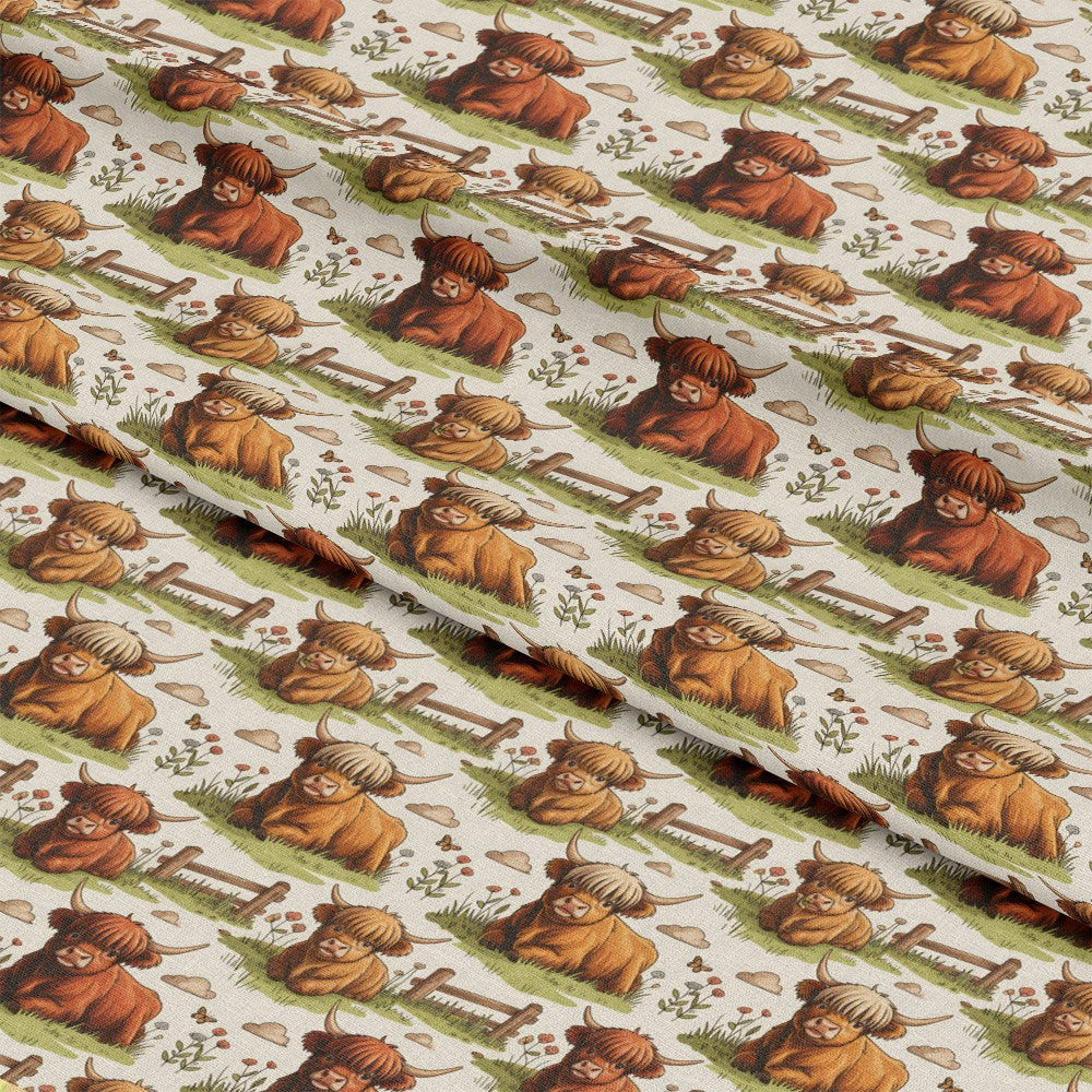 Cartoon Highland Cows Pattern 2 Quilting Cotton Fabric