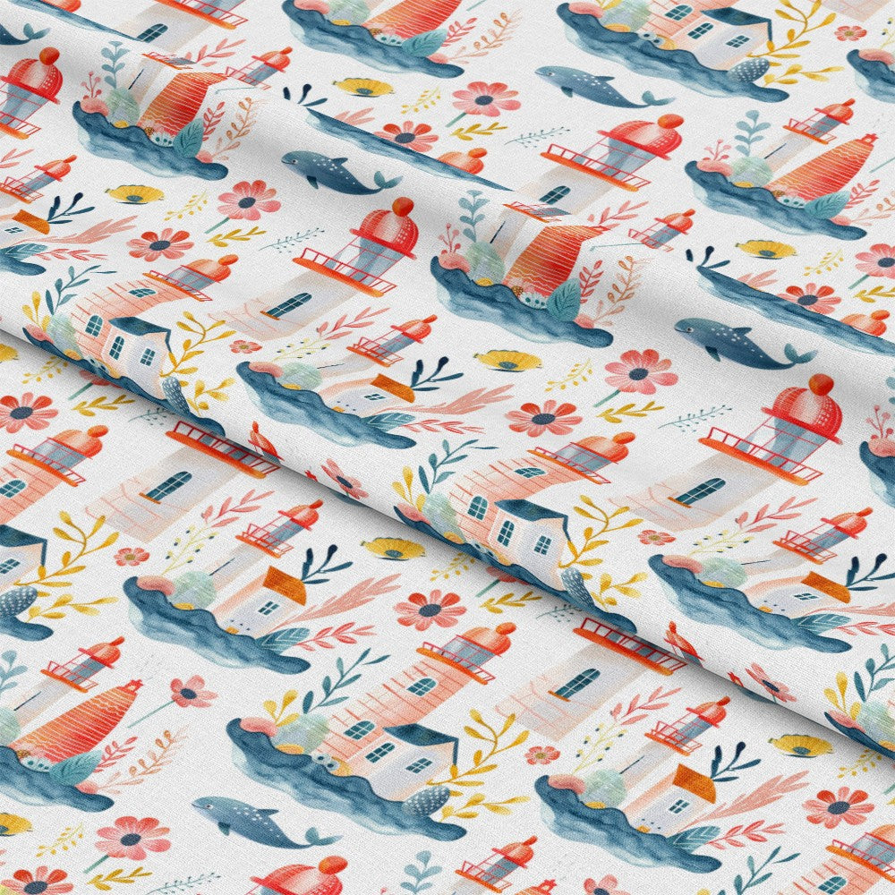 Springtime Lighthouse Scene Pattern 7 Quilting Cotton Fabric