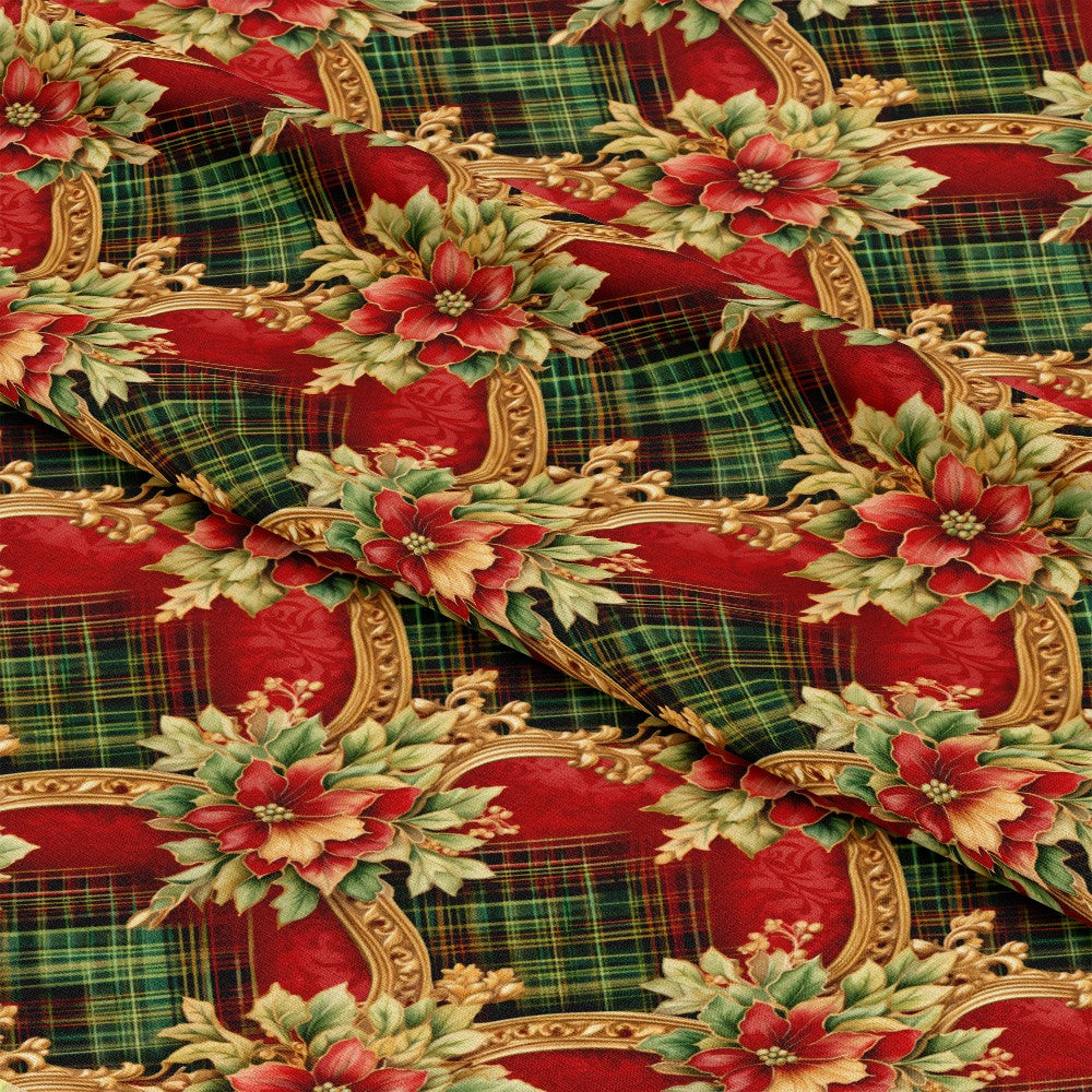 - Red Green Gold Christmas Pattern 13 Quilting Cotton Fabric  
- Festive holiday floral design  
- Poinsettia flowers  
- Plaid tartan background  
- Decorative gold accents  
- Quilting cotton material  
- Seasonal Christmas textile  
- Traditional holiday colors  
- Warm and cozy fabric