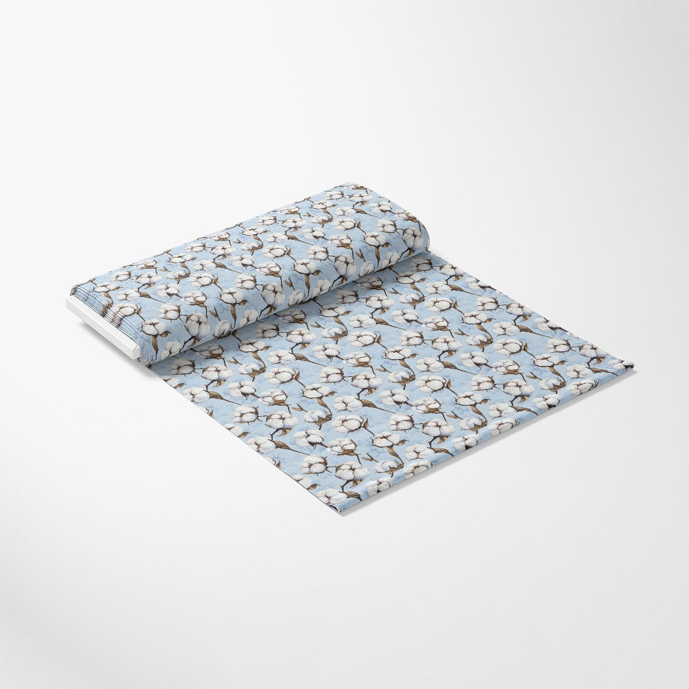 - Raw White Cotton Pattern 6 Quilting Cotton Fabric  
- Blue background  
- White cotton flower motifs  
- Brown branches  
- Quilting material  
- Cotton textile  
- Soft fabric  
- Floral design  
- Lightweight fabric  
- Craft fabric  
- Natural fiber