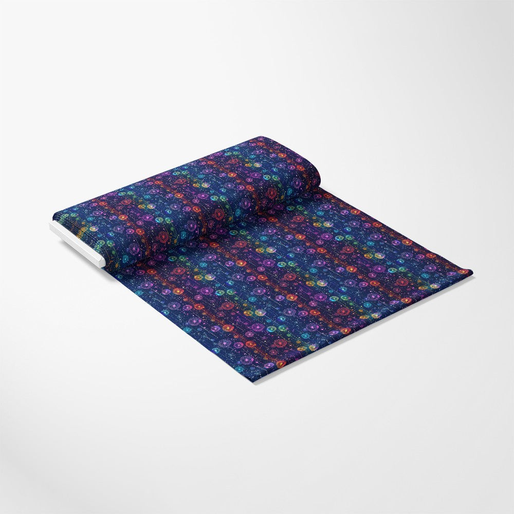 - Midnight Dandelions Pattern 3 Quilting Cotton Fabric  
- Dark blue background  
- Multicolored floral motifs  
- Purple, green, orange, pink hues  
- Cotton textile  
- Quilting material  
- Decorative fabric  
- Soft texture  
- Artistic design  
- Botanical elements  
- Fabric roll display