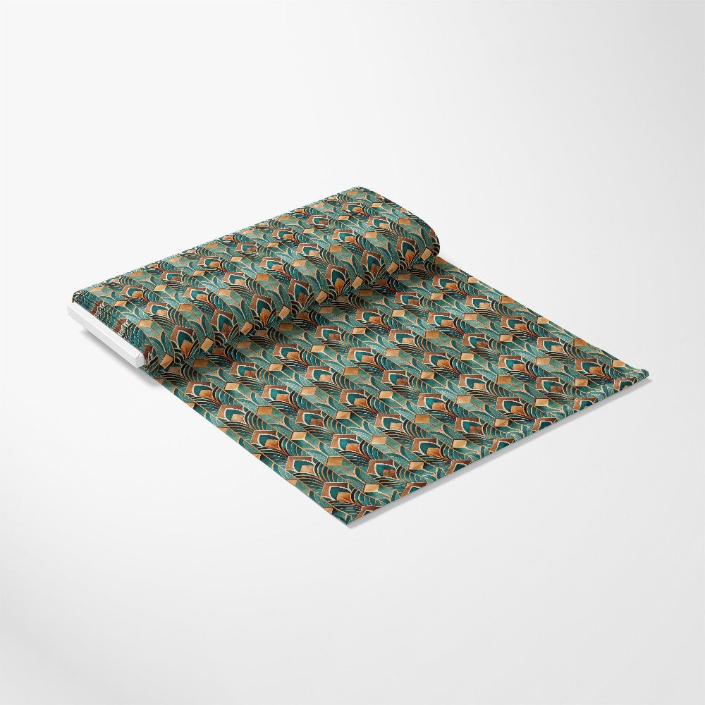 - Art Deco Pattern 15 Quilting Cotton Fabric  
- teal, orange, beige, black, gold  
- geometric, vintage, classic, symmetrical  
- textile, material, craft, sewing, quilting, cotton