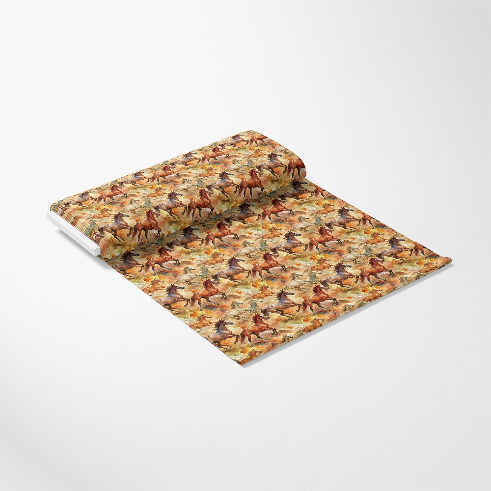 - Wild Horses Pattern 10 Quilting Cotton Fabric  
- Quilting fabric  
- Cotton material  
- Brown, tan, orange, and beige tones  
- Horse motif design  
- Rustic, nature-inspired print  
- Textile yardage  
- Sewing fabric  
- Crafting material