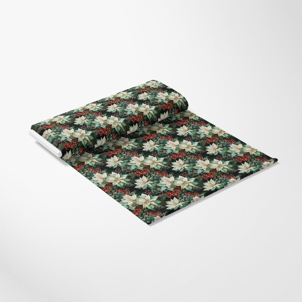 - Christmas Florals Pattern 6 Quilting Cotton Fabric  
- green foliage  
- red berries  
- white poinsettia flowers  
- holiday fabric  
- quilting cotton  
- natural texture  
- festive design  
- seasonal print  
- botanical elements  
- craft material  
- decorative textile