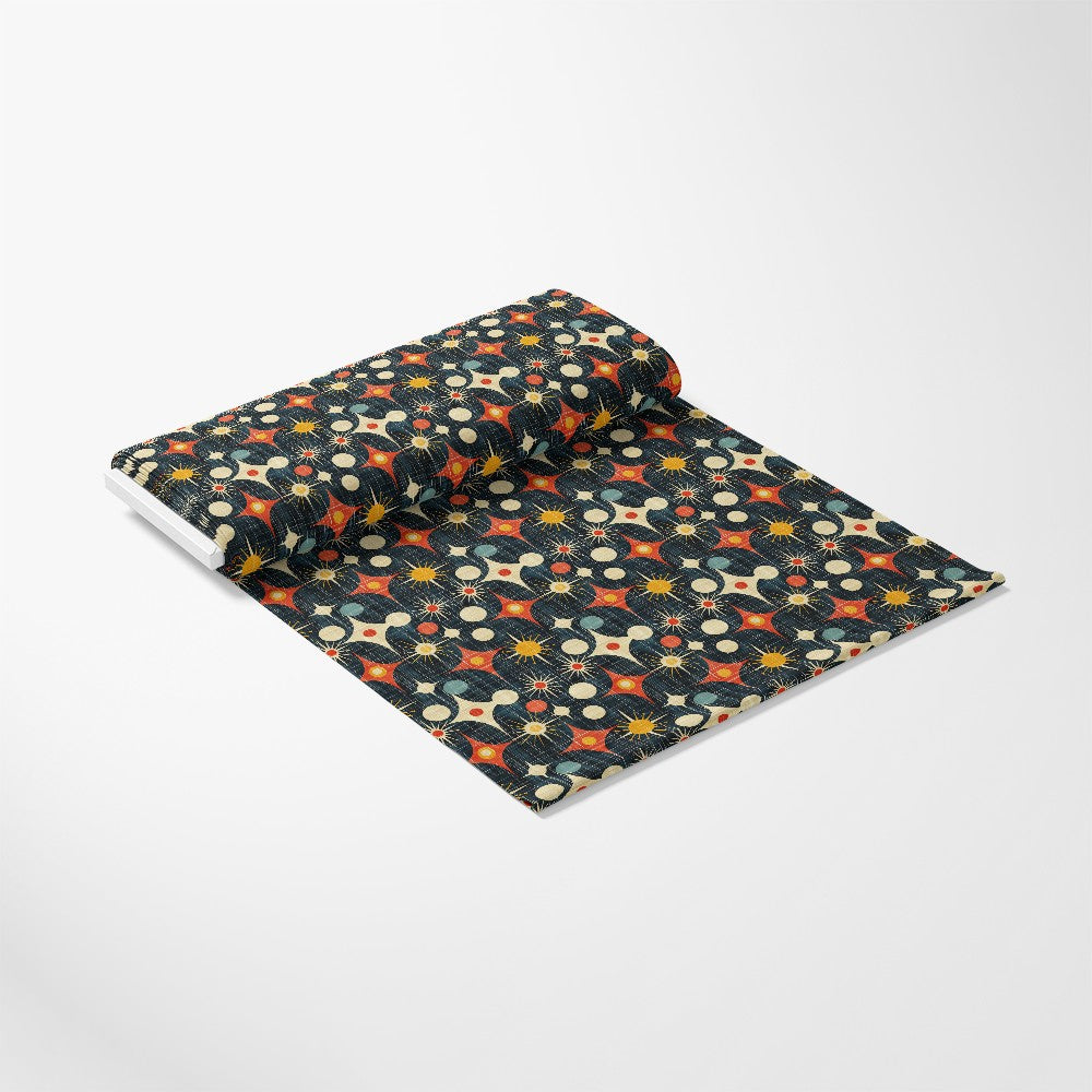 - Retro Starburst Pattern 5 Quilting Cotton Fabric  
- Quilting cotton fabric  
- Retro starburst design  
- Geometric shapes  
- Orange, cream, black, navy, beige colors  
- Vintage-inspired print  
- Smooth cotton textile  
- Mid-century modern style  
- Yardage fabric  
- Crafting material