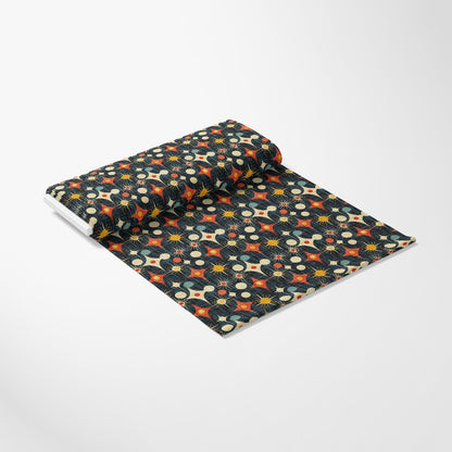 - Retro Starburst Pattern 5 Quilting Cotton Fabric  
- Quilting cotton fabric  
- Retro starburst design  
- Geometric shapes  
- Orange, cream, black, navy, beige colors  
- Vintage-inspired print  
- Smooth cotton textile  
- Mid-century modern style  
- Yardage fabric  
- Crafting material