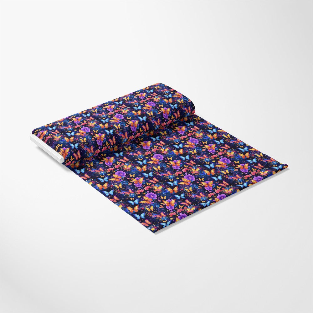 - Fantasy Butterflies Pattern 14 Quilting Cotton Fabric
- colorful, vibrant, multicolor
- butterflies, floral, nature-inspired
- quilting, cotton, soft texture
- dark background, orange, purple, blue, pink
- detailed, decorative, seamless design