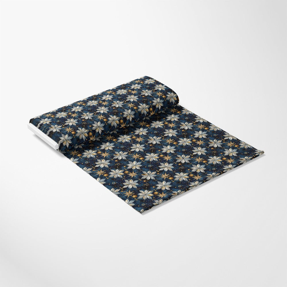 - Baroque Celestial Pattern 5 Quilting Cotton Fabric  
- dark blue base  
- beige and white floral motifs  
- gold accents  
- intricate ornamental design  
- classic vintage style  
- soft cotton textile  
- quilting fabric  
- elegant decorative print