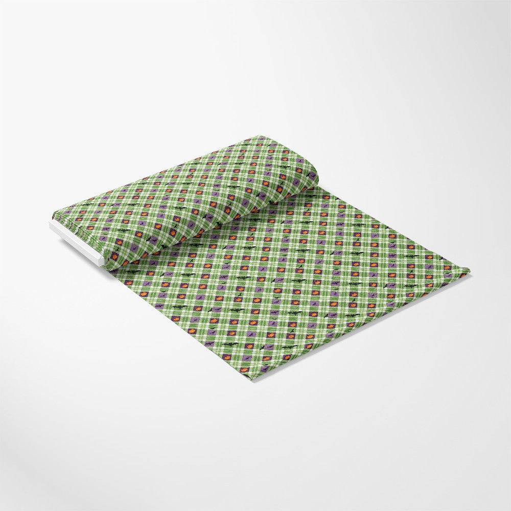- Halloween Gingham and Stripes Pattern 5 Quilting Cotton Fabric  
- Quilting fabric  
- Cotton material  
- Green gingham  
- Striped design  
- Orange pumpkin motifs  
- Black accents  
- Checkered texture  
- Festive autumn colors  
- Seasonal crafting fabric