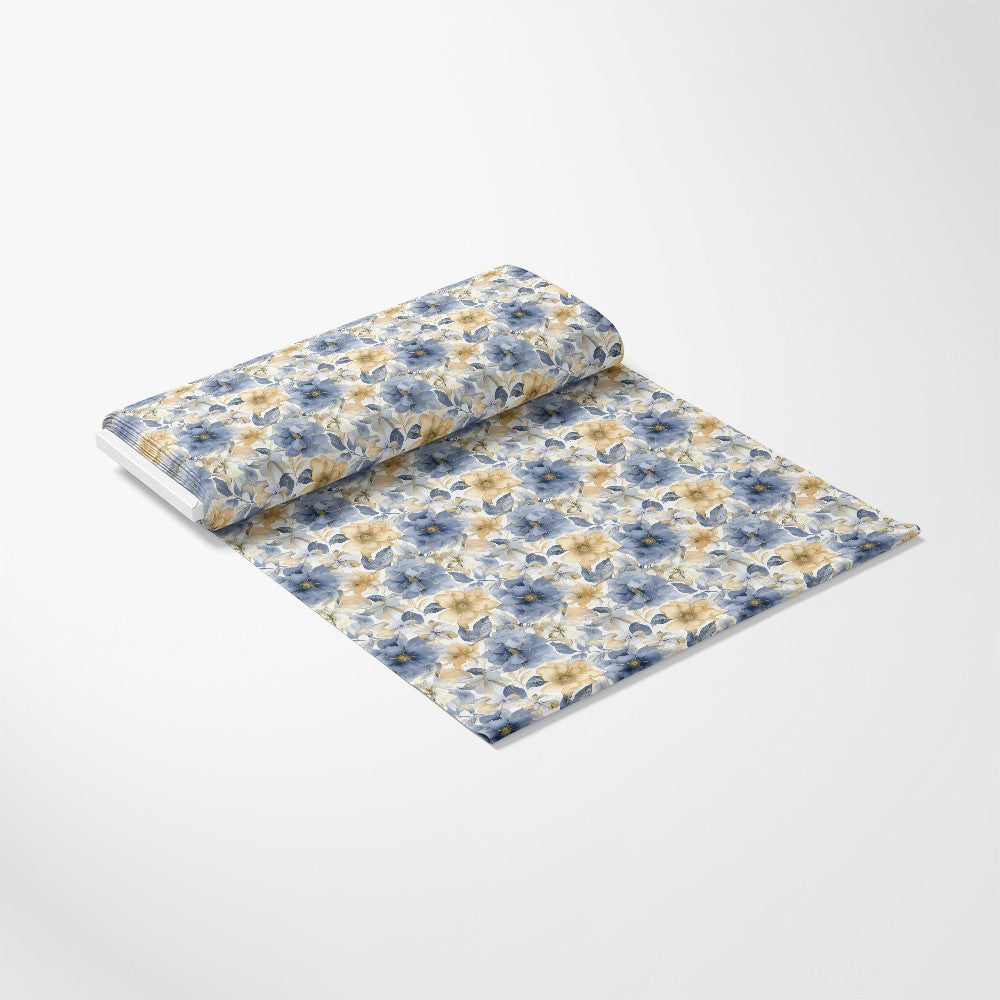 Gold and Blue Florals Pattern 1 Quilting Cotton Fabric