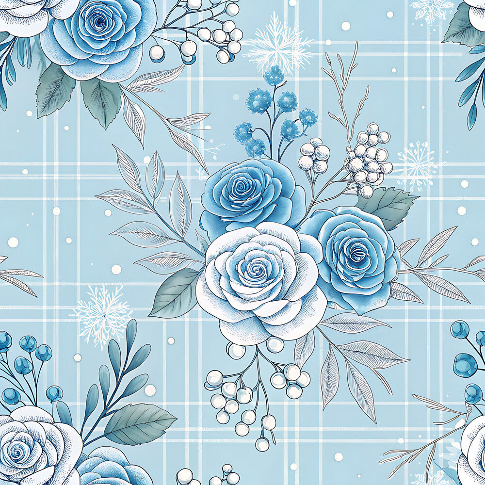Blue Winter Floral Plaid Fat Quarter Bundle