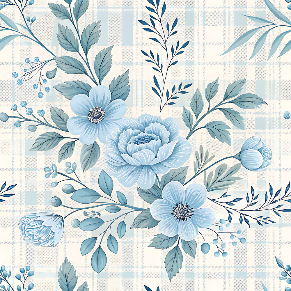 Blue Winter Floral Plaid Fat Quarter Bundle