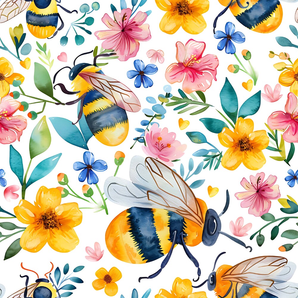 Watercolor Cute Bees and Flowers Fat Quarter Bundle