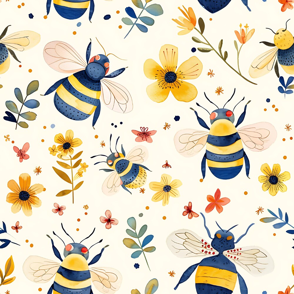Watercolor Cute Bees and Flowers Fat Quarter Bundle
